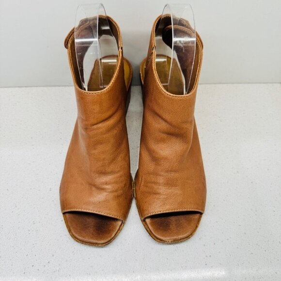 Mimosa Tan Camel Genuine Soft Leather Shoes Peep Toe Stacked Heel Sandals Sz 37 - Picture 6 of 15